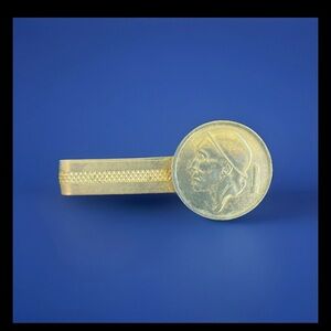 Mens Tie Clip Belgian Coin Franc Gold Toned Silver Plated Nickel Alloy Vintage